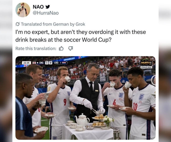 British Memes: Soccer players having a tea break with a butler on the field during a match, highlighting British culture.