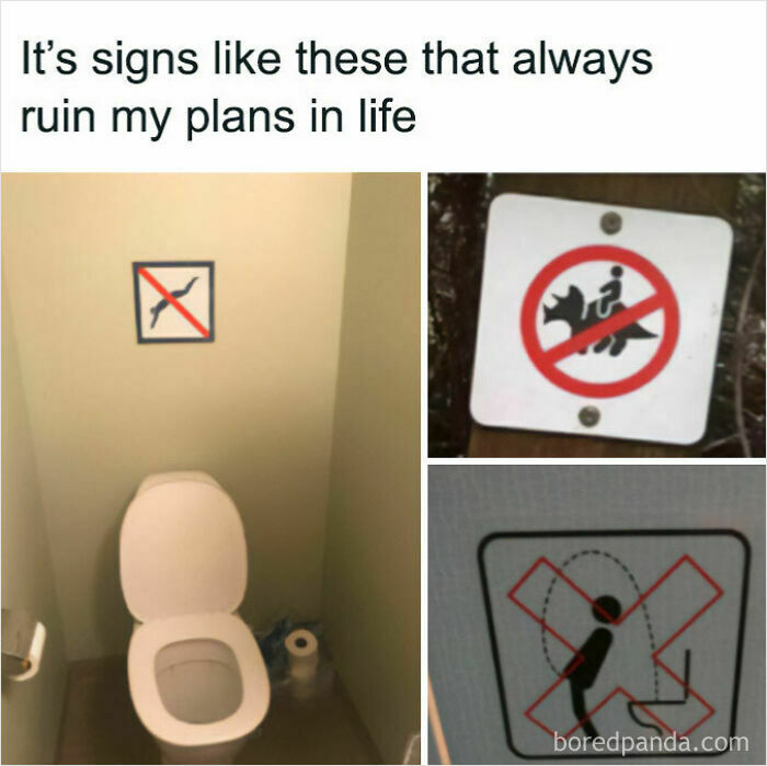 A compilation of three British memes featuring funny signs with ironic instructions in a bathroom.