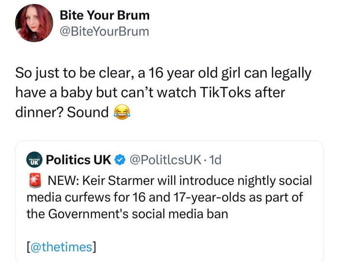 A British meme featuring a tweet about social media curfews for 16 and 17-year-olds in the UK.