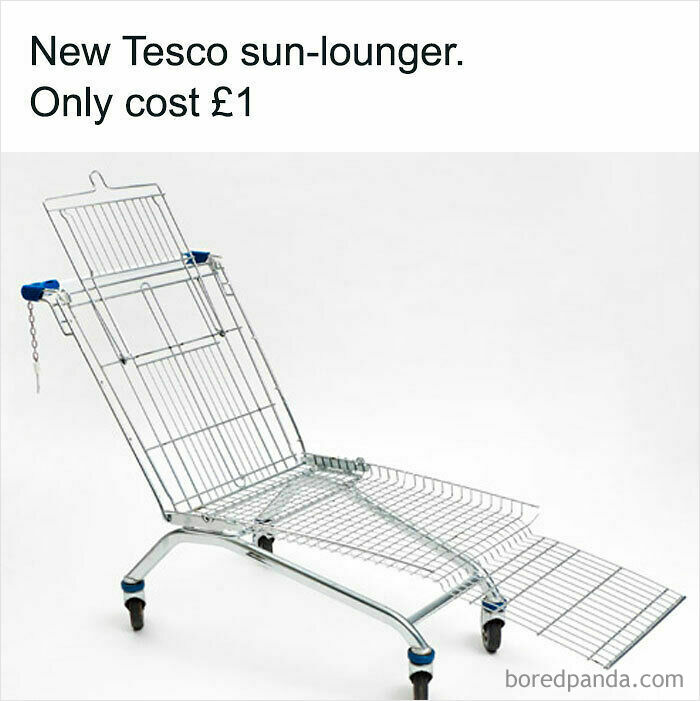 A British meme featuring a Tesco shopping cart transformed into a sun-lounger, a dry British meme.