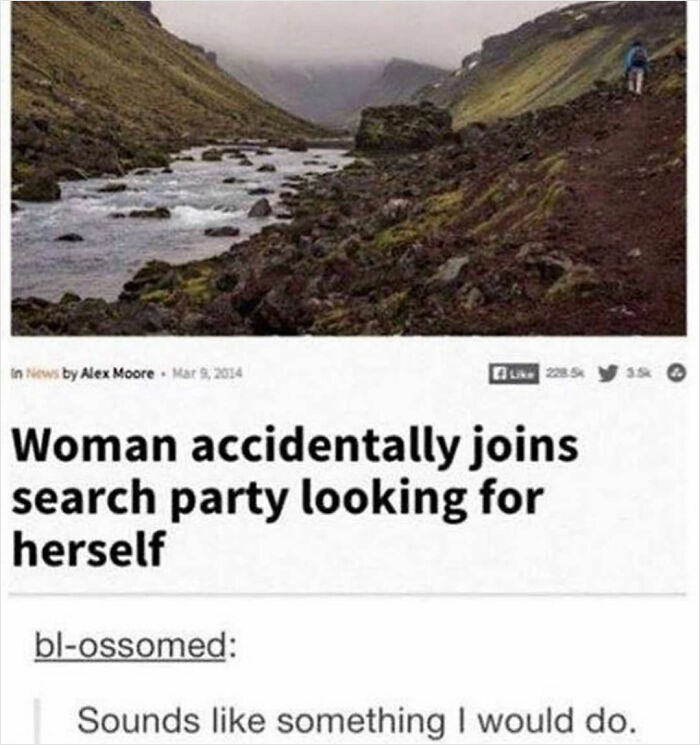 A British meme with a news headline: Woman accidentally joins search party looking for herself, with a comment underneath.