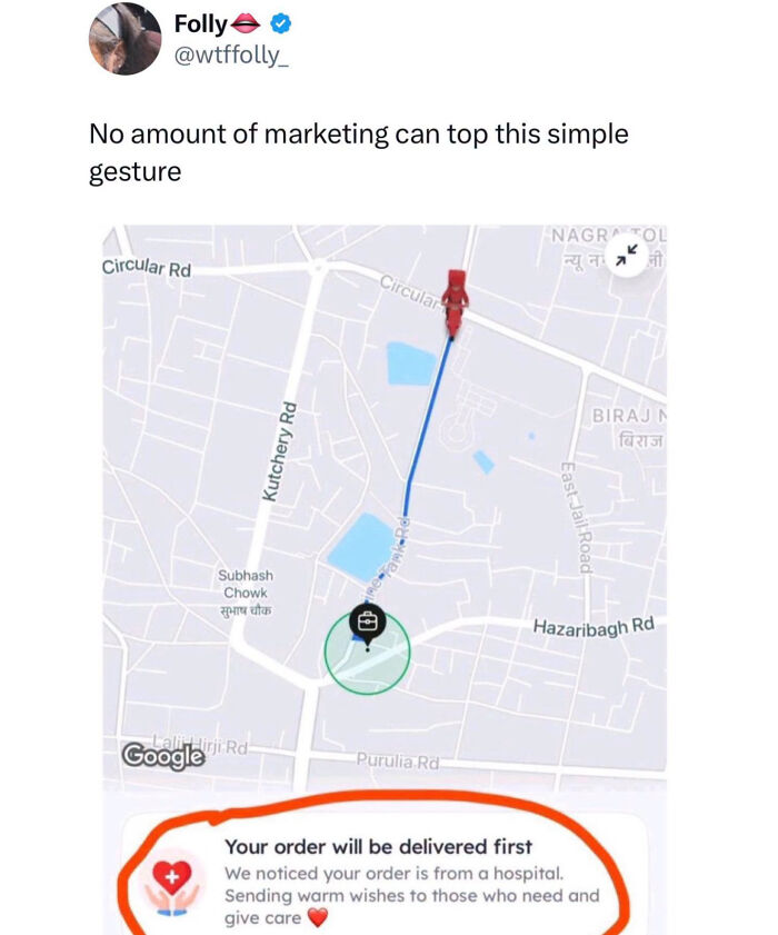 A British meme showing a food delivery map with a kind message about hospital orders, a brilliantly British meme.