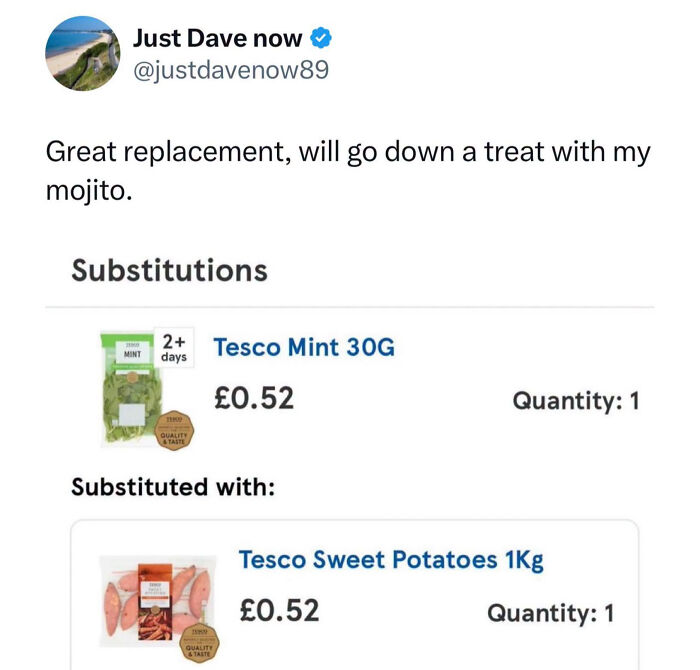 A British meme showing a grocery substitution of mint with sweet potatoes, sparking humor.