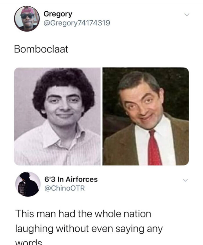 A British meme depicting Mr. Bean in two stages of his life, a famous comedian known for British humor.