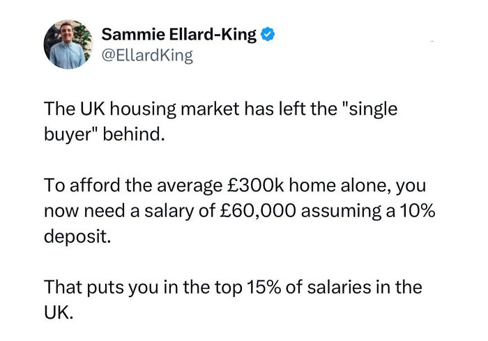 A British meme about the UK housing market requiring a £60,000 salary for a £300,000 home.