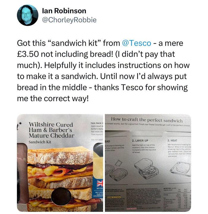 A British meme showing a sandwich kit with instructions, humorously implying prior incorrect sandwich making.