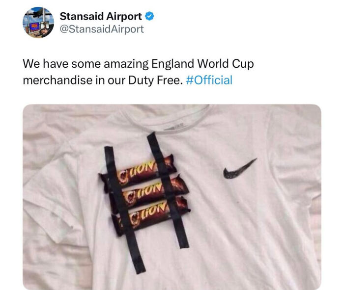 A white t-shirt with chocolate bars taped to it, forming a goalpost, representing brilliant British memes.