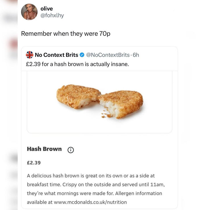 A British meme about the price of hash browns, highlighting relatable British cost-of-living humor.