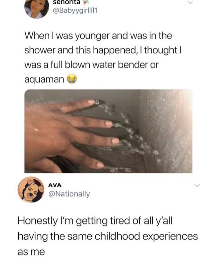 A hand in a shower with water streaming over it, showing a British meme about childhood experiences.