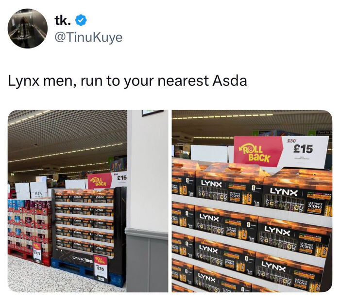 A British meme with a tweet showing shelves stocked with Lynx body spray gift sets at Asda.