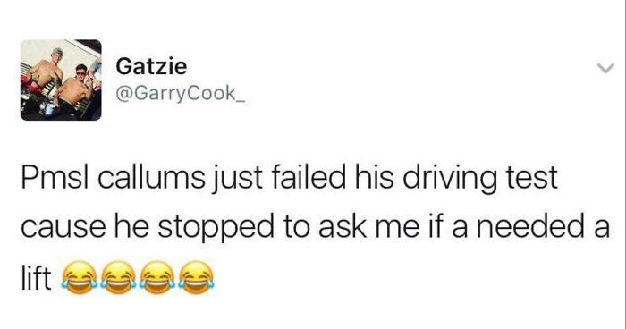 A British meme by @GarryCook_ about a failed driving test due to giving a lift, a funny British moment.
