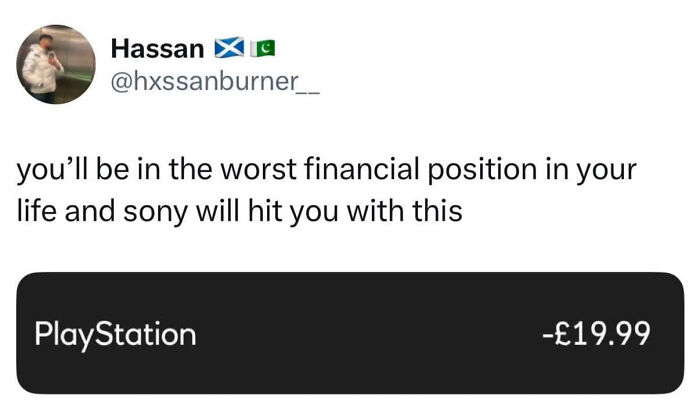 A British meme from @hxssanburner__ showing a PlayStation charge, reflecting British financial humor.
