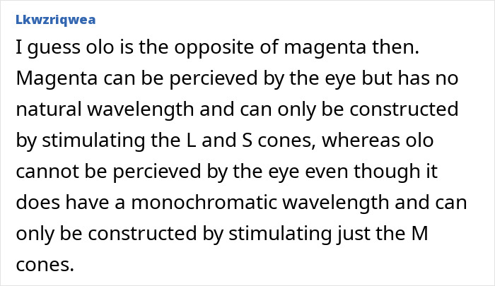 A detailed comment explaining the new color Olo, contrasting it with magenta and cone stimulation.