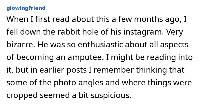 A social media comment discussing the surgeon who froze his legs for amputation and his horrific crimes.