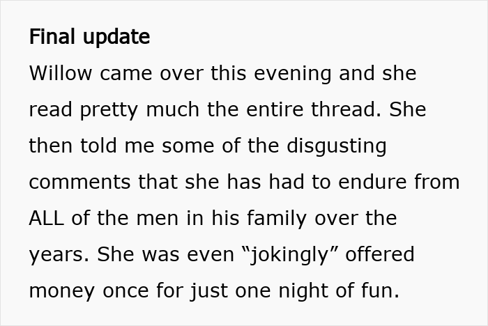 Text providing a final update on Willow reading the thread and revealing disgusting comments from in-laws on family vacation. Text providing a final update on Willow reading the thread and revealing disgusting comments from in-laws on family vacation.
