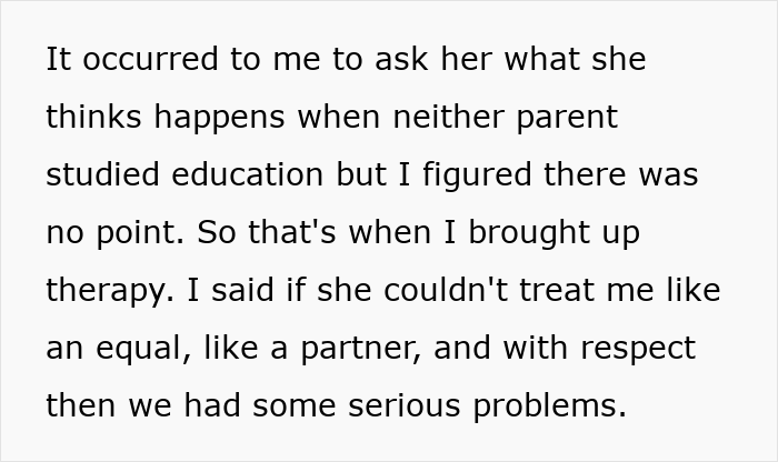 Mom insists on control over kid's education, offers wife wardrobe rights.