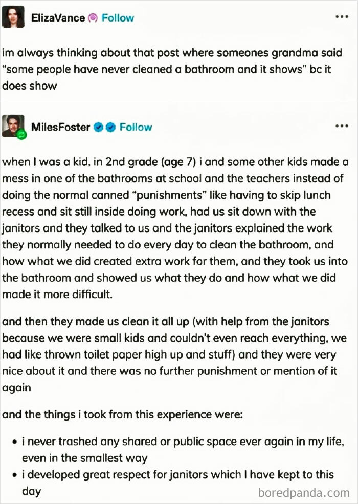 A wholesome post detailing a positive school experience where children learn responsibility from janitors instead of traditional punishment.