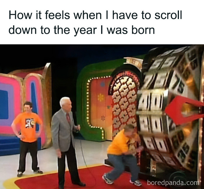A meme showing the struggle of a Gen X individual scrolling to their birth year on a game show wheel.