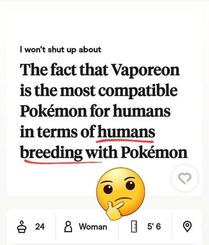 Screenshot of a bizarre online dating profile about Pokemon compatibility for humans, a truly wild and cringey dating screenshot.
