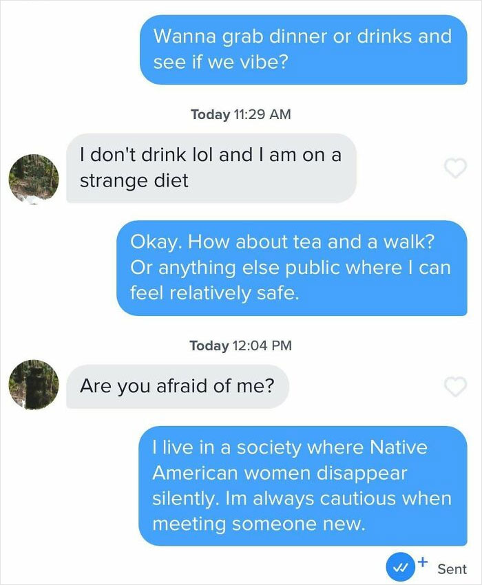 Wild online dating screenshot showing a user's cautious response when asked if they are afraid of the other person.