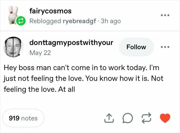 A social media post about not feeling the love and not wanting to go to work, a serotonin meme for comfort.