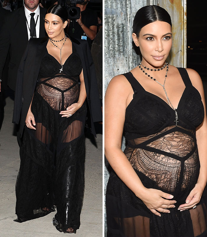 Kim Kardashian in a sheer black lace celebrity pregnancy look, pushing fashion boundaries with visible baby bump.