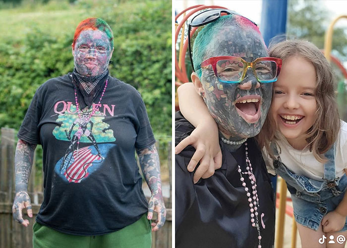 Mom with 800 tattoos smiling with her child, showcasing her extreme tattooed face and colorful hair. Mom with 800 tattoos smiling with her child, showcasing her extreme tattooed face and colorful hair.
