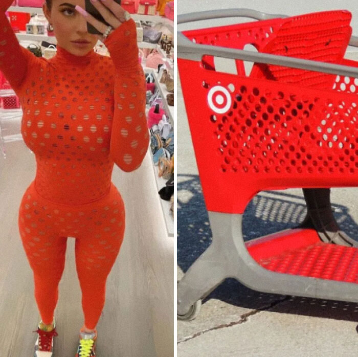 Kylie Jenner in a sheer orange, hole-riddled jumpsuit next to a red Target shopping cart, a questionable fashion choice.