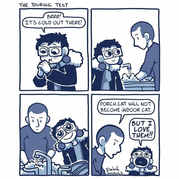 A heartwarming comic series illustrates an artist feeling cold, wanting to bring a stray cat indoors, emphasizing their growing bond. A heartwarming comic series illustrates an artist feeling cold, wanting to bring a stray cat indoors, emphasizing their growing bond.