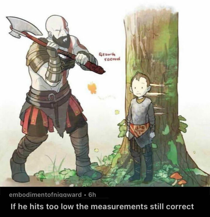 Kratos stands next to a tree with growth marks, an illustration delivering a creative and cursed comment about height.