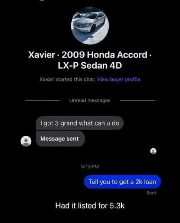 A conversation on an online marketplace screenshot about a low offer for a 2009 Honda Accord.