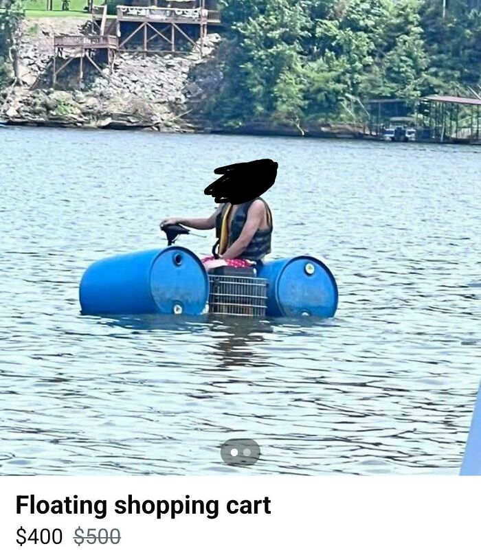 A screenshot from an online marketplace showing a man on a floating shopping cart, highlighting the weirdest people.
