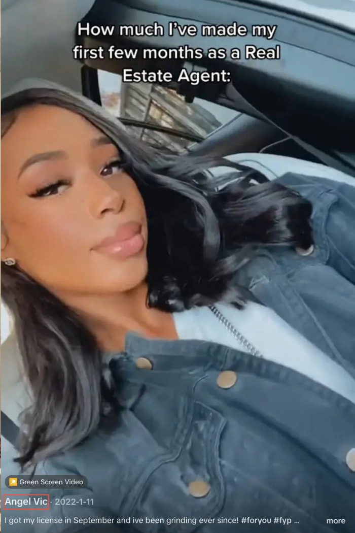 Influencer Lying About Career: Angel Vic, in a car, with text about earning as a real estate agent. Influencer Lying About Career: Angel Vic, in a car, with text about earning as a real estate agent.