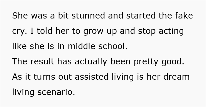 Text revealing MIL's reaction to ultimatum, fake crying, and surprising acceptance of assisted living after eviction. Text revealing MIL's reaction to ultimatum, fake crying, and surprising acceptance of assisted living after eviction.
