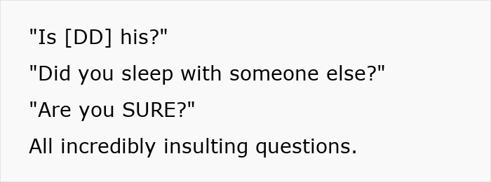 A screenshot of text with outrageous accusations from the MIL, questioning the baby's paternity after giving birth.