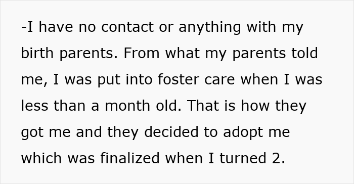 Screenshot of Reddit text from an adopted teen describing no contact with birth parents who reappeared with a wild demand. Screenshot of Reddit text from an adopted teen describing no contact with birth parents who reappeared with a wild demand.