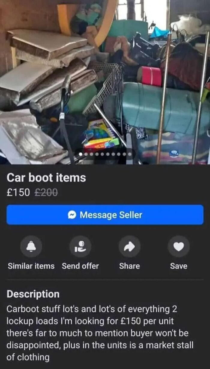 Online marketplace screenshot showing a chaotic pile of car boot items for sale, proving the weirdness of online marketplaces.