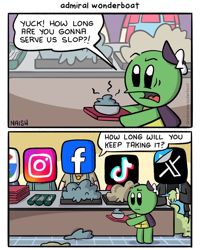 Funny comic about friendship and life, a turtle complaining about slop, then revealing social media platforms serving it.