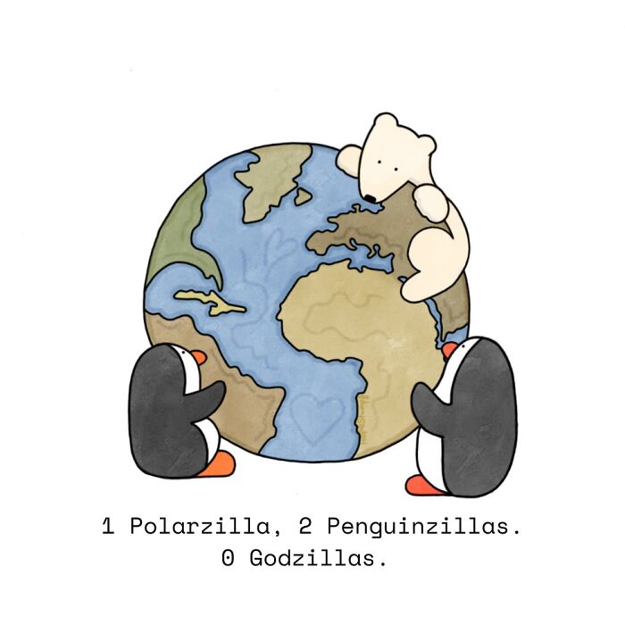 Comic with animals, polar bear and penguins hugging the Earth, a funny and relatable one-panel situation.