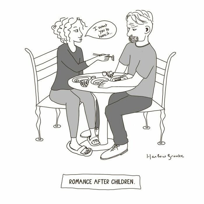 A parenting comic showing a couple sharing food, with text Romance after children. Messy parenting.
