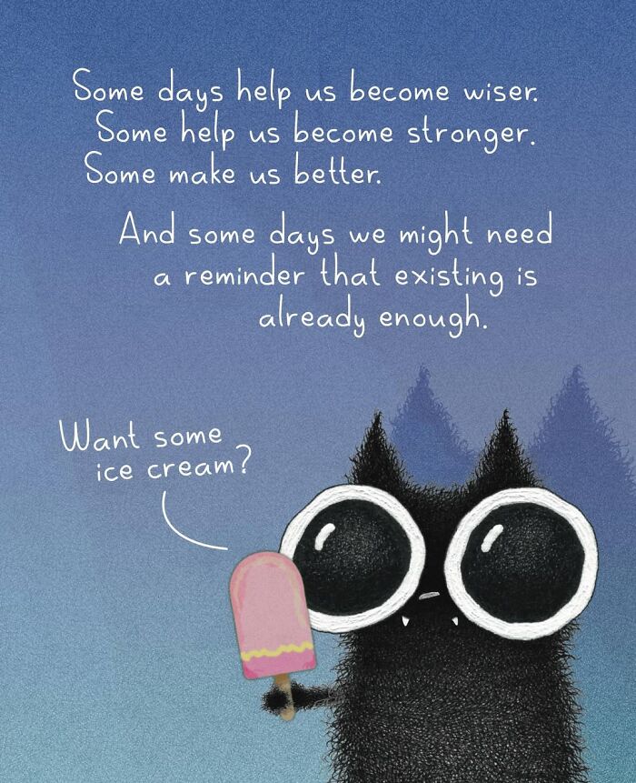 Cute cat behavior illustrations with a cat offering ice cream, a reminder that existing is enough.