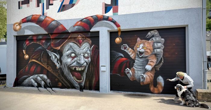 French artist creating mind-bending 3D illusions: A jester and a cat reaching out from garage doors, before and after.