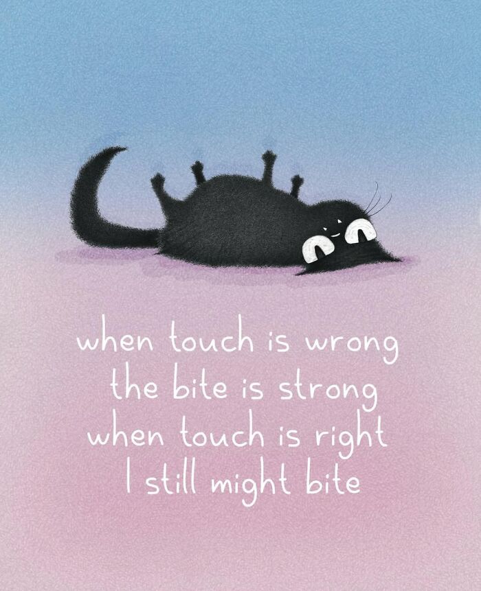 Adorable illustrations of cat behavior, a black cat lying on its back with a funny poem about biting.