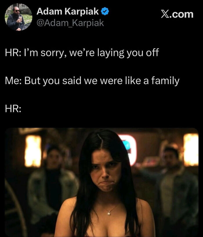 A LinkedIn meme about HR laying someone off, depicting work-life balance struggles.