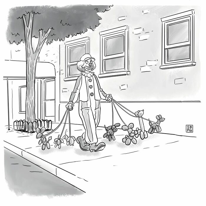 Mannequin on the Moon comic: a clown walks multiple balloon animal dogs on leashes.