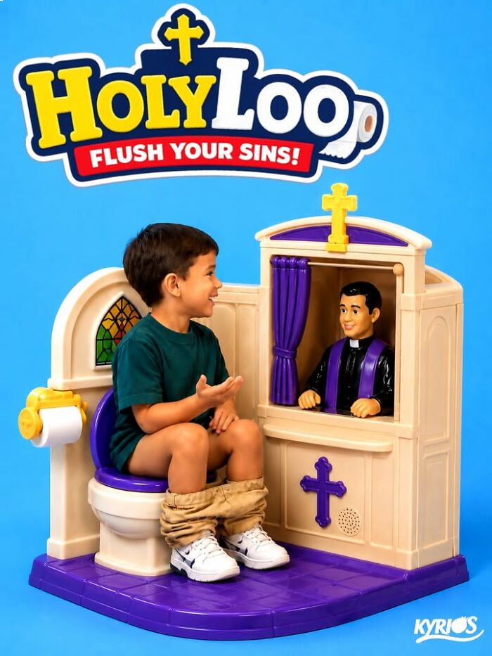 A young boy sits on a toilet in a Holy Loo figurine set with a priest in a confessional booth.