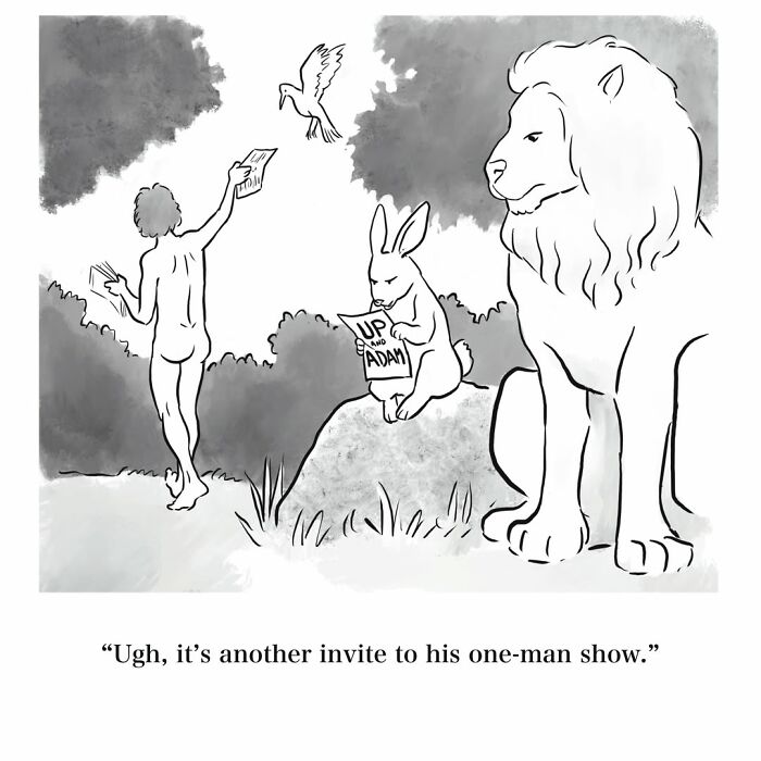 Mannequin On The Moon Comics: Adam sends out invitations to a show, while a lion and rabbit observe, a dry humor comic.