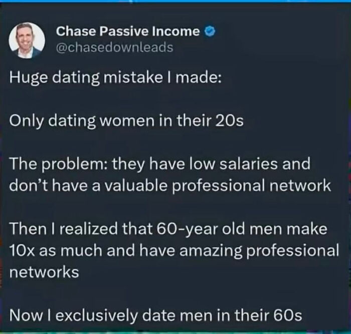 A LinkedIn meme from Chase Passive Income about dating and professional networks, touching on work-life balance.