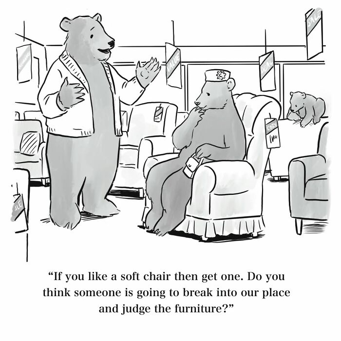 Mannequin On The Moon Comics: Two bears discuss buying a soft chair in a furniture store, a dry humor comic.