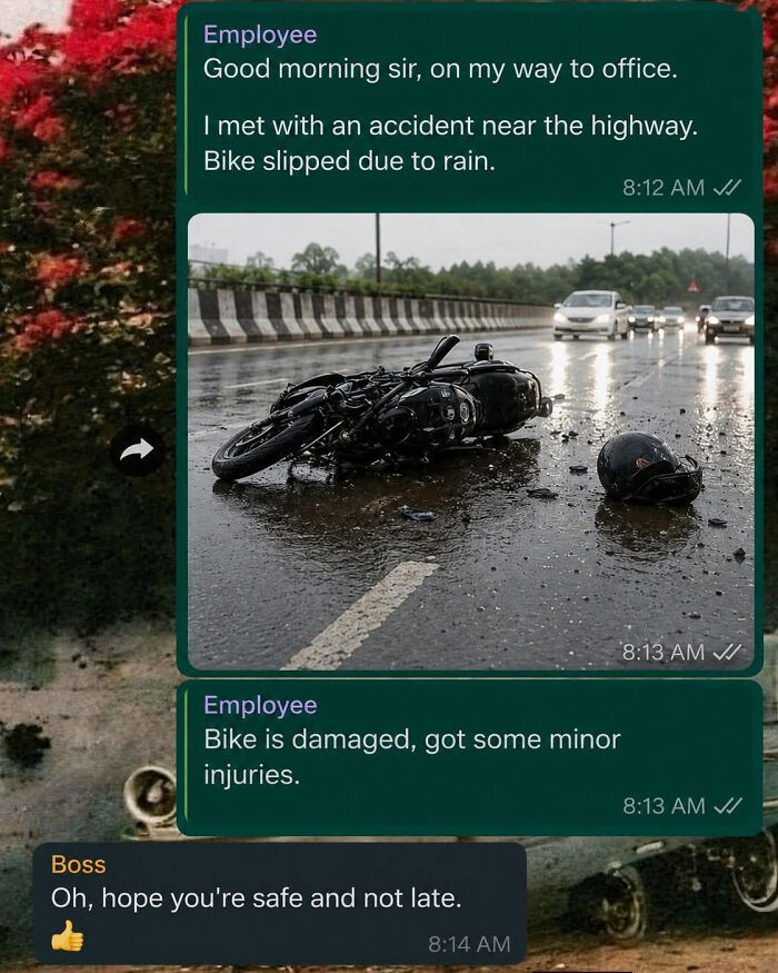 A work-life balance LinkedIn meme with a boss responding to an employee's bike accident with hope for punctuality.